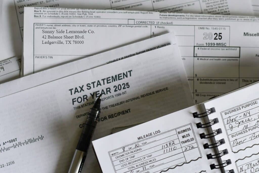 Tax statement forms and a notebook with a pen